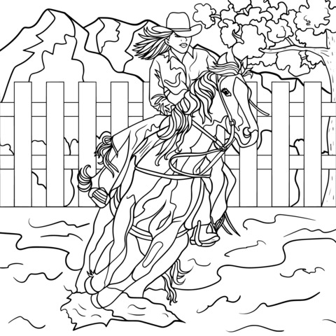 Cowgirl Riding a Horse Coloring Page