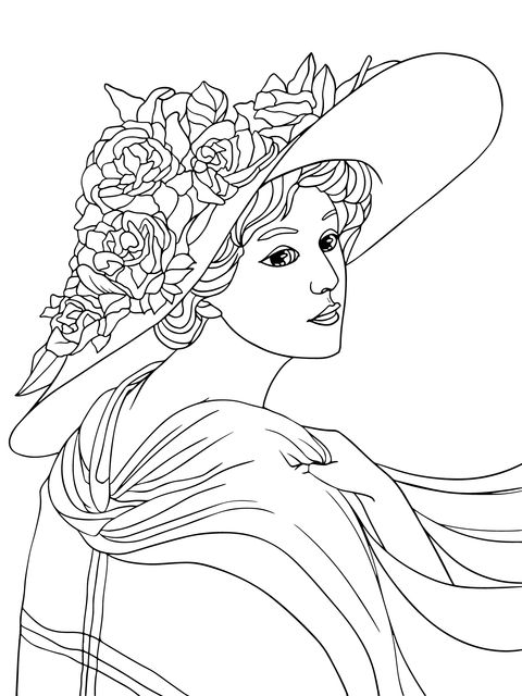 Vintage Lady with Rose - adorned Hat Coloring Page