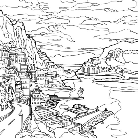 Beautiful Riverside Town Landscape Coloring Page