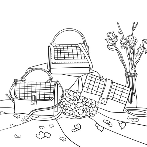 Fashion Handbags and Flowers Coloring Page