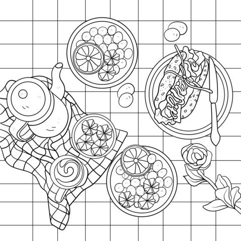 Food Illustration Coloring Page: Diverse Dishes and Tea Sets