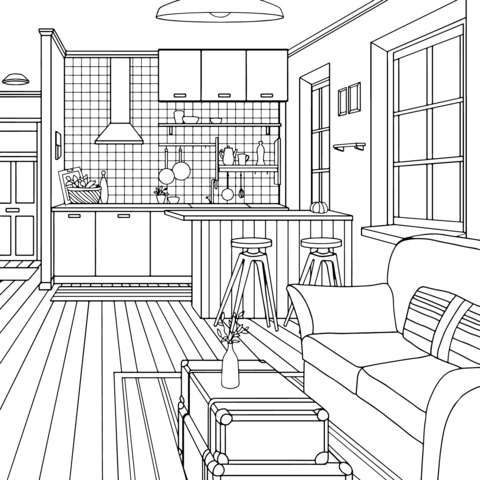 Página de colorear de sala de estar y cocina en estilo cartoon