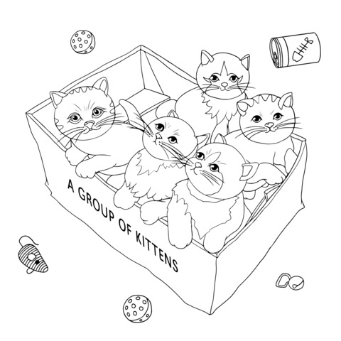 Página de colorear de adorables gatitos en una caja de cartón