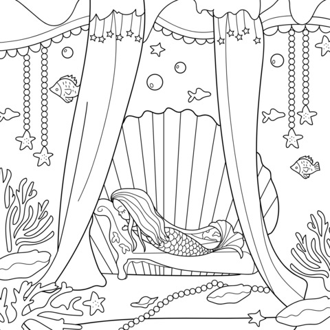 Mermaid Resting Under the Sea Coloring Page