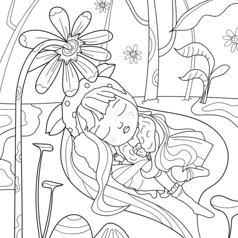 Coloring Page of a Sleeping Girl in a Dreamy Forest