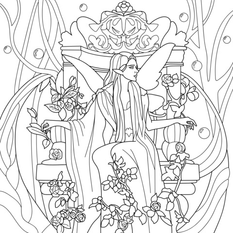 Fairy Queen Coloring Page: A Dreamy Fairy Sitting on a Gorgeous Throne