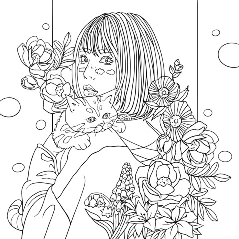 Página para colorear de una chica con un gato y flores