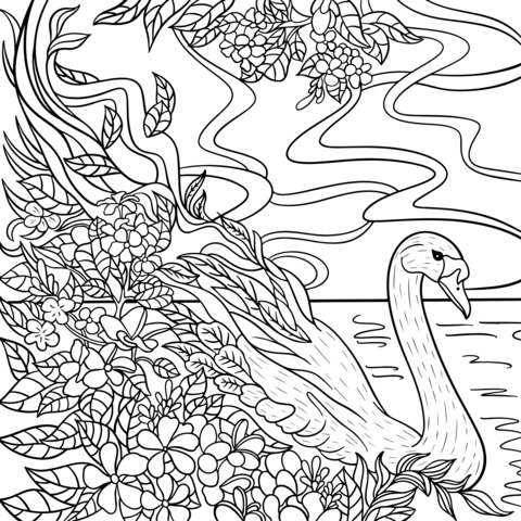 Página de Colorear de Cisne con Flores Soñadoras