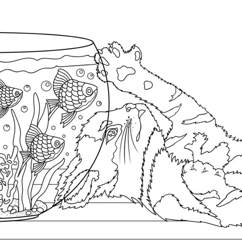 猫と金魚鉢の塗り絵ページ