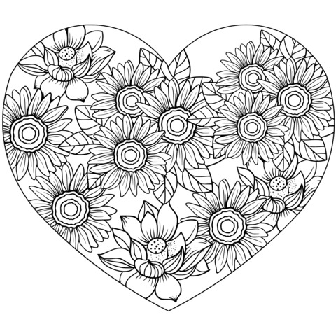 Página de colorear floral en forma de corazón