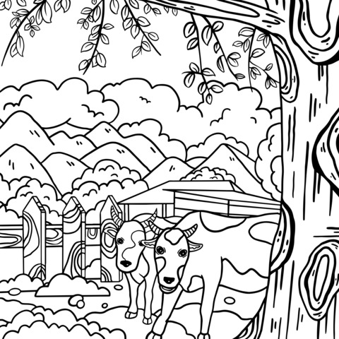 Página para colorear de paisaje pastoral y vacas