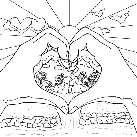 Heart - shaped Gesture Landscape Coloring Page