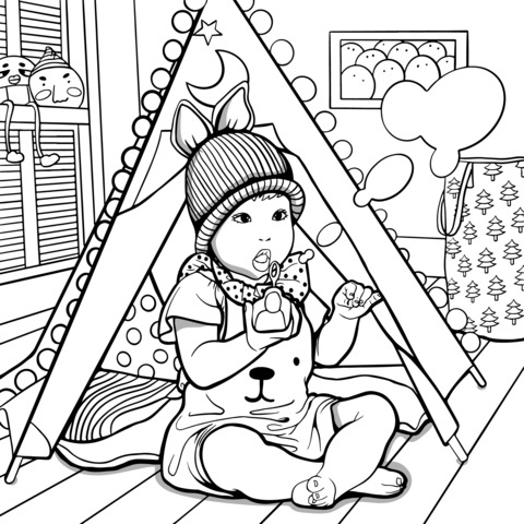 Adorável Bebê Brincando em uma Tenda Página para Colorir