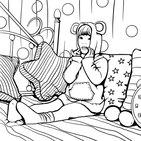 Cute Girl Relaxing on Bed Coloring Page