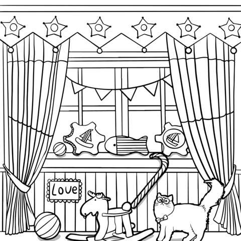 Adorable Indoor Scene Coloring Page: Cat and Toys