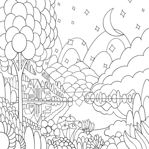 Dreamy Night - time Lakeside Scenery Coloring Page