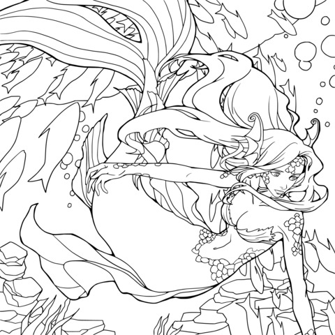 Fantasy Red - Haired Mermaid Coloring Page