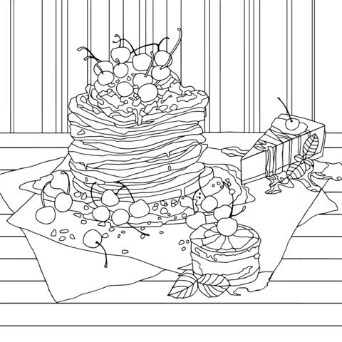 Delicious Dessert Coloring Page: Stacked Pancakes and Exquisite Pastries