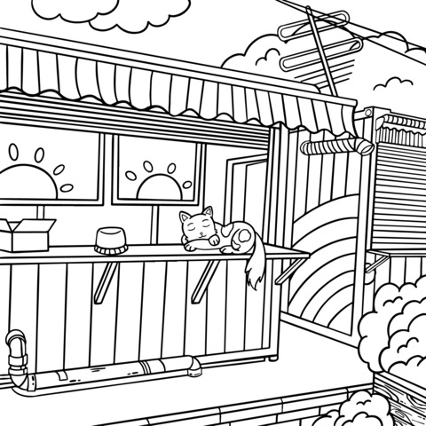 Relaxing Cat on the Balcony Coloring Page