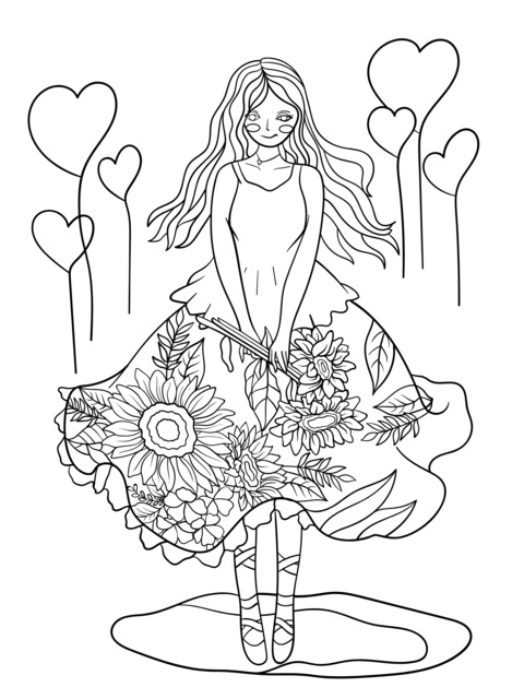 Beautiful Girl with Flower Bouquet Coloring Page