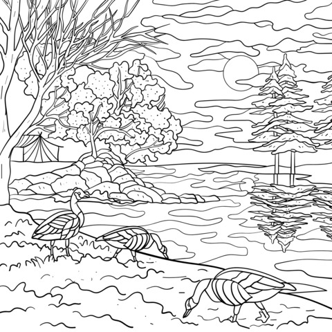 Camping by the Lake at Dusk Coloring Page