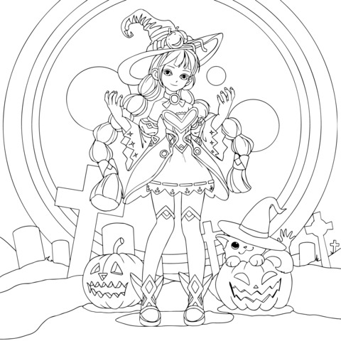 ハロウィンの魔女テーマの塗り絵