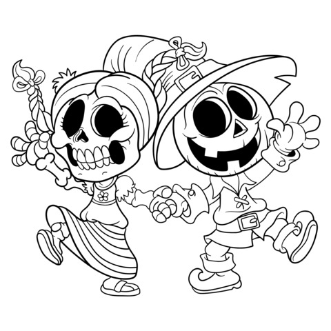 Página para colorear temática Halloween de adorables personajes esqueletos