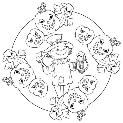 Halloween - themed Coloring Page: Scarecrow and Pumpkin Ghosts