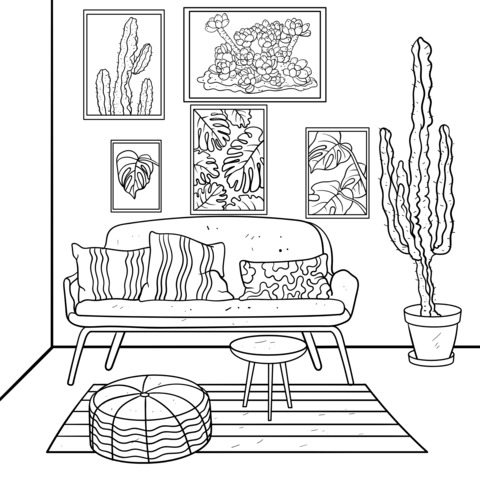 Página de Colorear de Decoración con Plantas Interiores