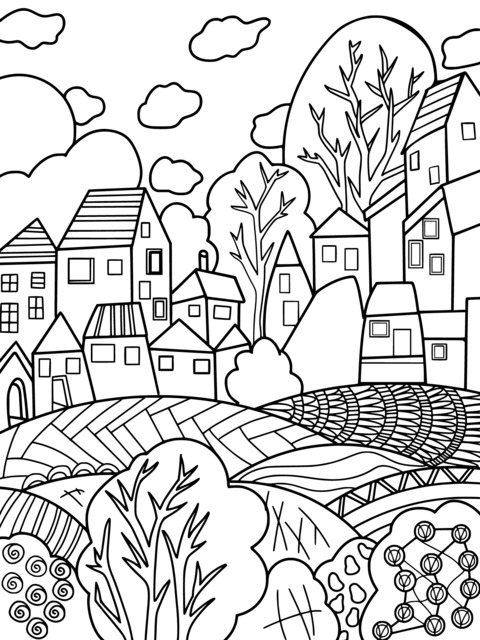 Colorful Rural Landscape Coloring Page