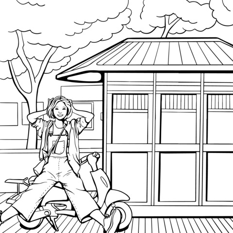 Coloring Page of a Girl and a Scooter