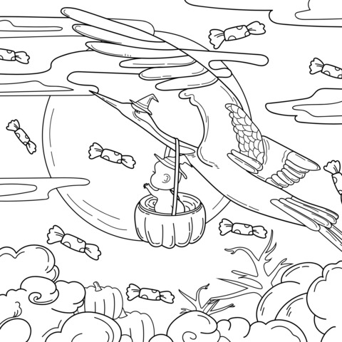 Halloween - themed Coloring Page: Crane Carrying a Bunny in a Pumpkin Basket in Flight