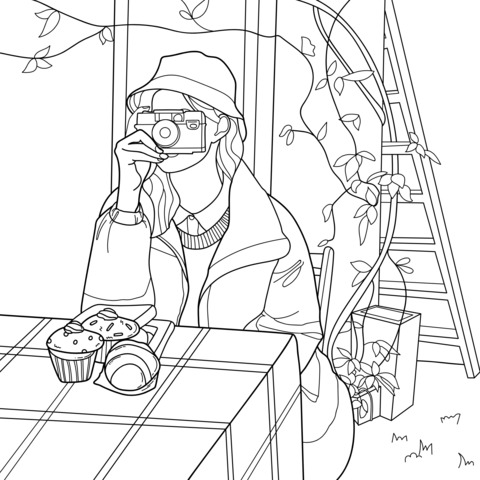 Coloring Page Illustration of a Girl Taking Photos