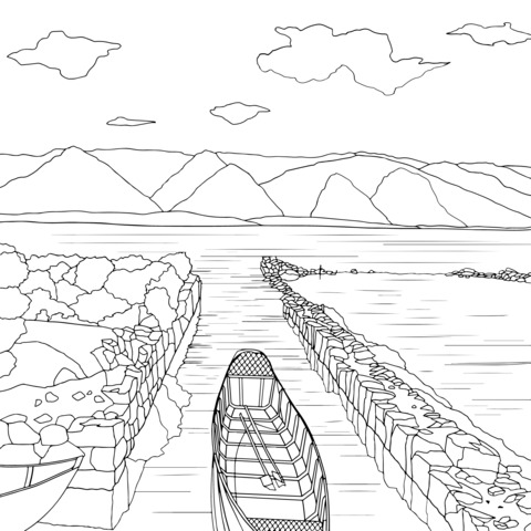 Peaceful Riverbank with Boat Coloring Page