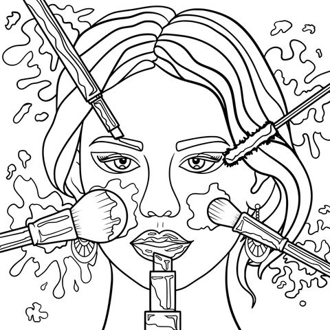 Beauty - themed Coloring Page: Stylish Woman and Colorful Makeup Tools