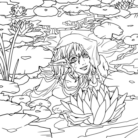 Fantasy Elf in a Lily - Pond Coloring Page