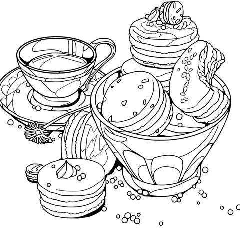 Tea and Macarons Coloring Page