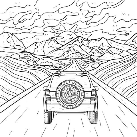 Road Trip Coloring Page: Driving a Car Towards a Gorgeous Mountain View