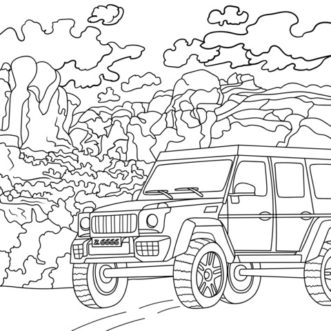 Página de Colorir de Jeep Off - Road e Paisagem