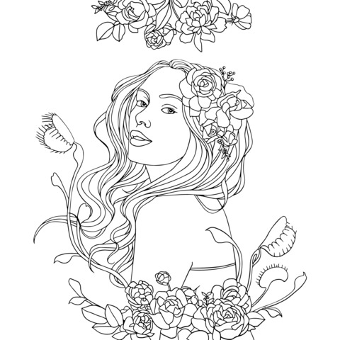 Página de Colorear de una Hermosa Mujer Rodeada de Flores