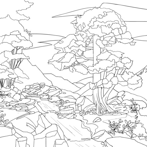 Beautiful Forest and River Scenery Coloring Page