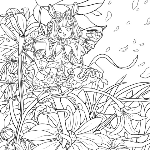 Dreamy Girl in Flower - filled Scene Coloring Page