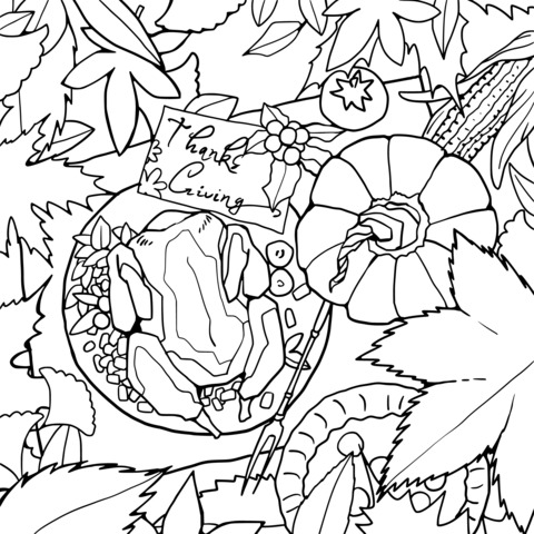 Thanksgiving - themed Coloring Page: Turkey and Autumn Harvest Scene