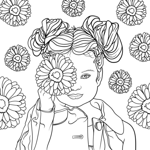 Girl and Flowers Coloring Page