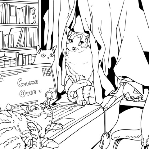 Coloring Page of Cats Playing in Front of a Computer