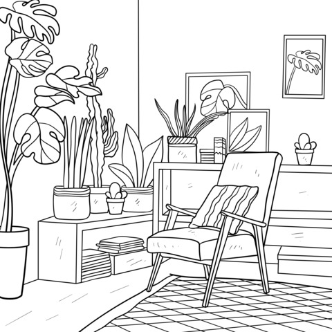 Coloring Page of a Cozy Corner Surrounded by Green Plants