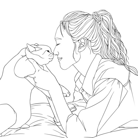 Coloring Page of a Girl Affectionately Interacting with a Cat