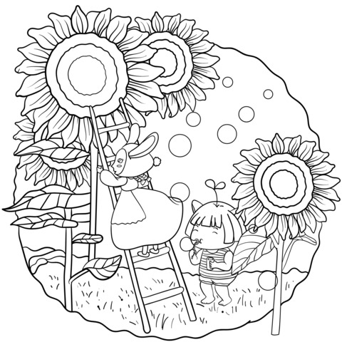 Girl and rabbit admiring sunflowers