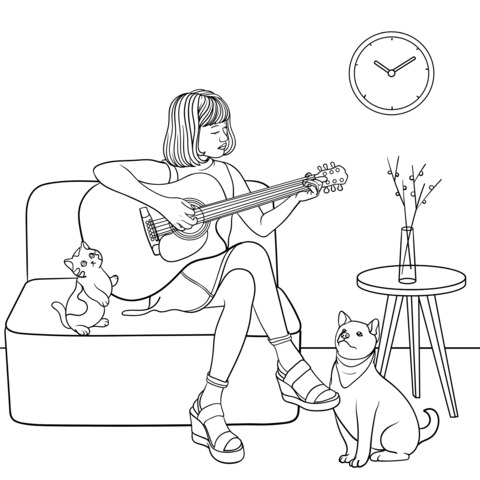 Mujer tocando la guitarra relajadamente con mascotas