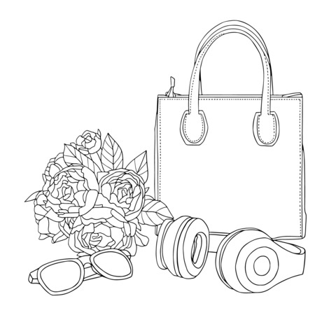 Página de colorear de accesorios de moda y flores